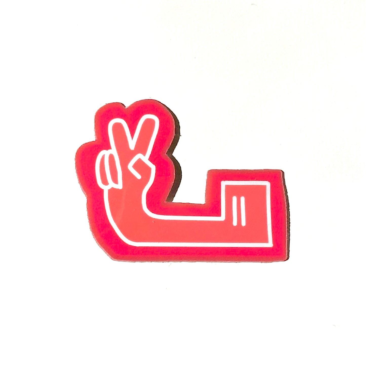 Red and white hand sign with peace symbol on a white background